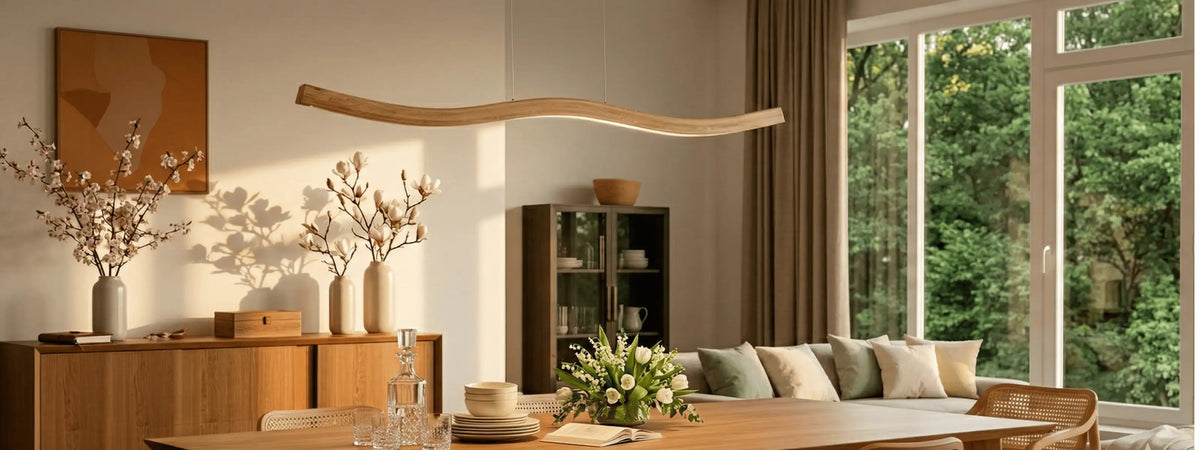 Handgefertigte Massivholzleuchte von SpeicherArt im Wohnraum