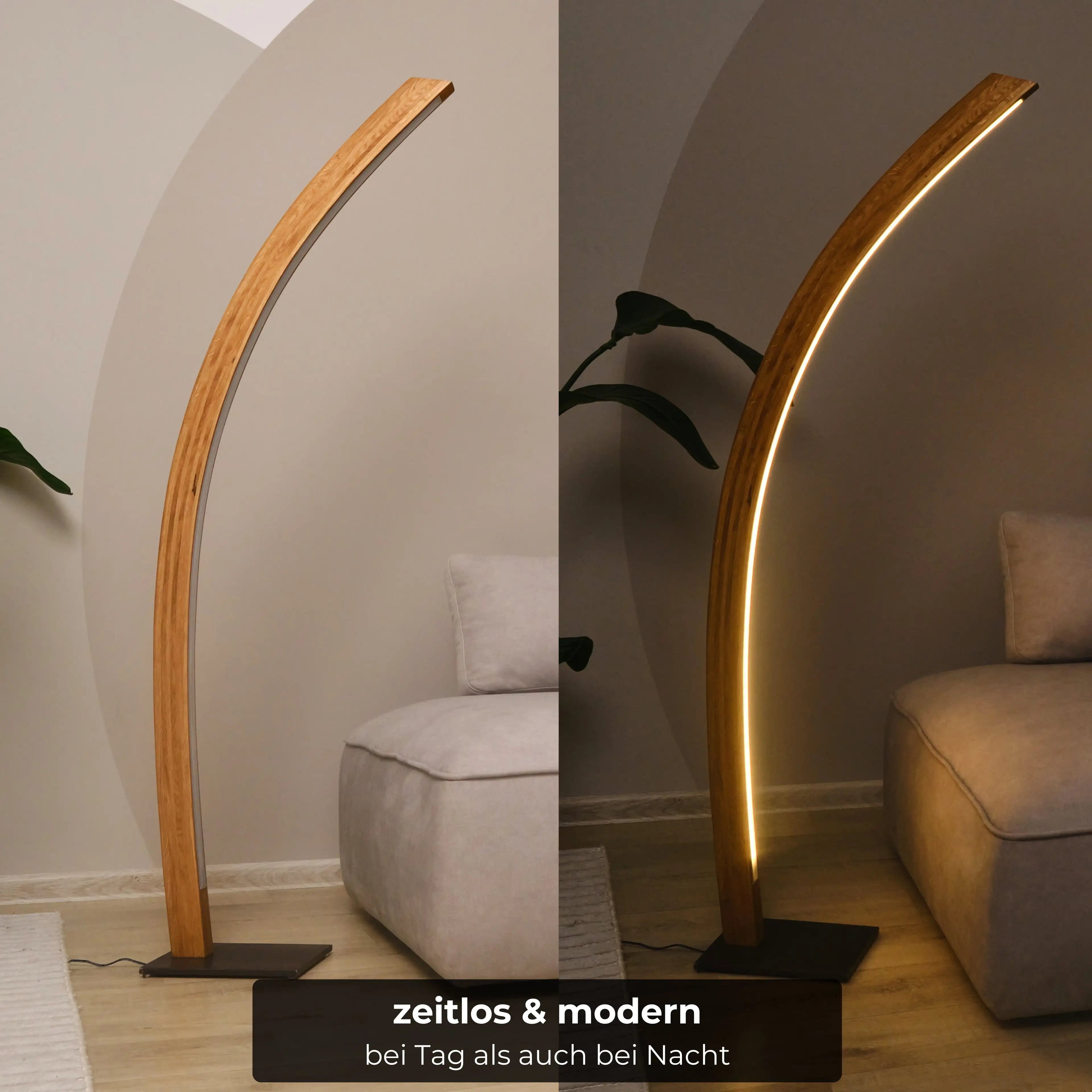 Rustikale Massivholz-Stehlampe mit warmem Licht und einstellbarer Helligkeit.
