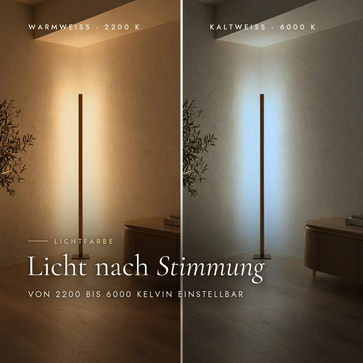 Stehleuchte Faros mit einstellbarer Lichtfarbe von 2200 bis 6000 Kelvin, warmweiß und kaltweiß