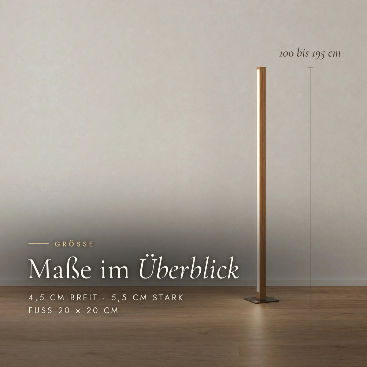 Maße der Stehleuchte Faros: Höhe 100 bis 195 cm, 4,5 cm breit, 5,5 cm stark, Fuß 20 × 20 cm