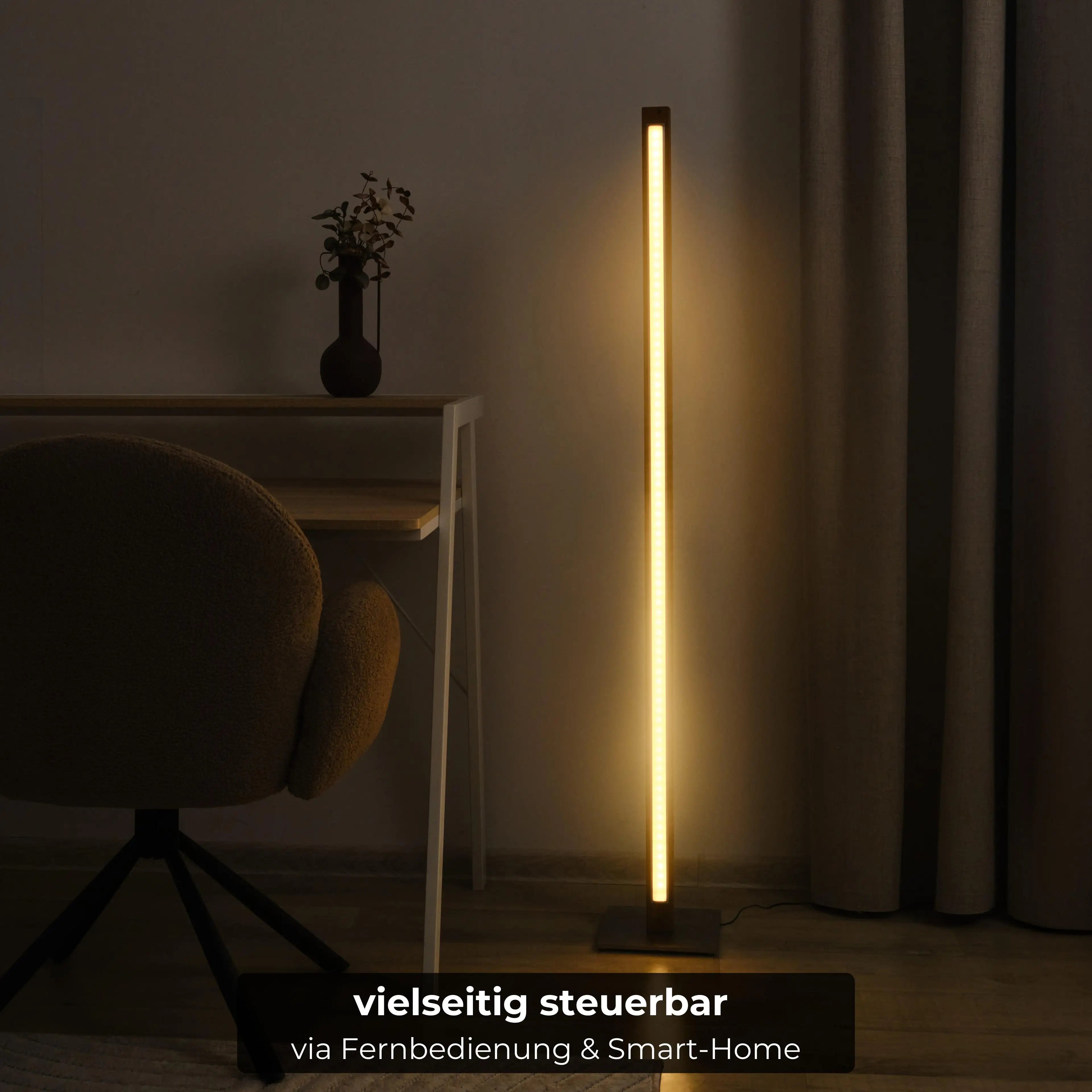 Exklusive Massivholz-Stehlampe mit intelligenter LED-Dimmfunktion.
