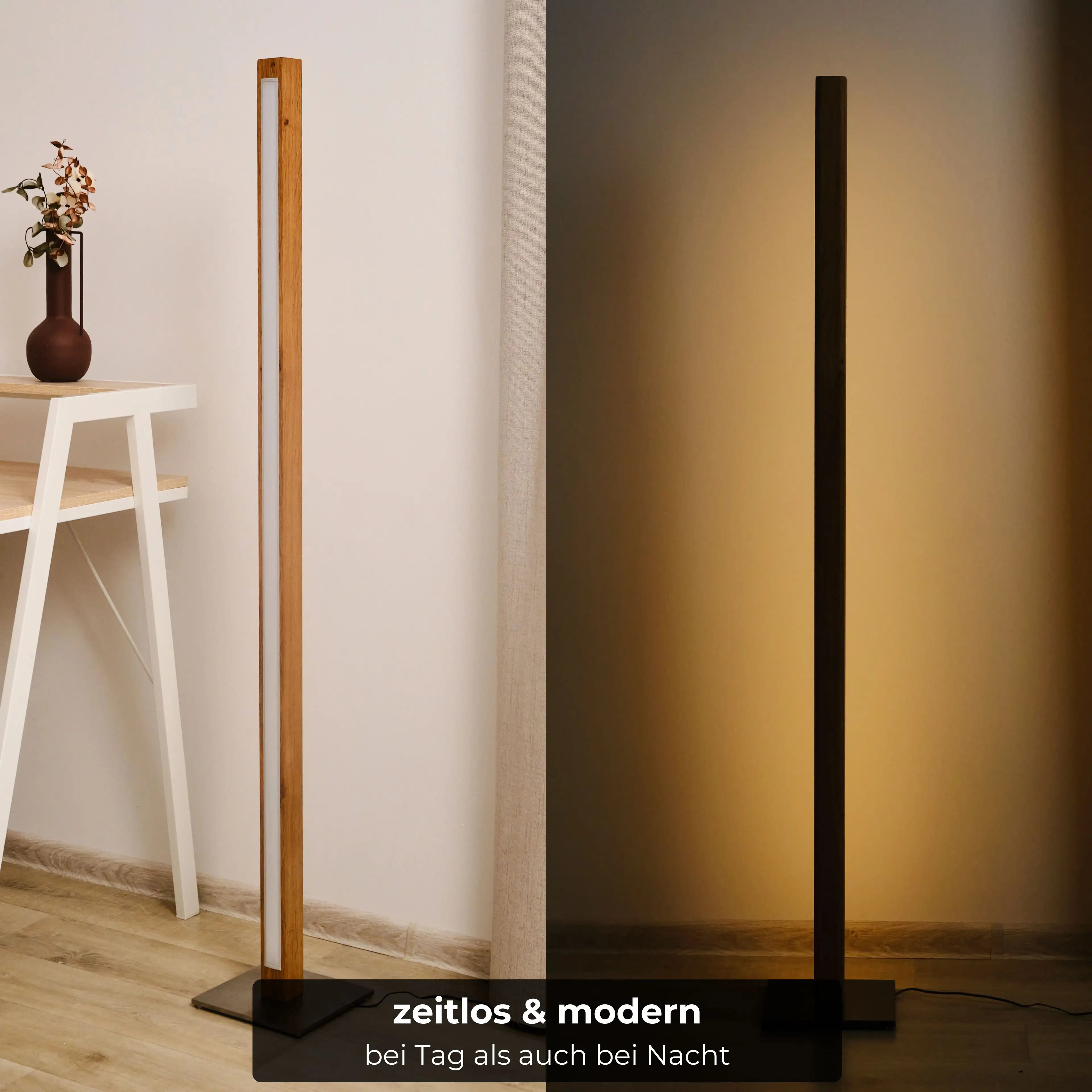 Kunstvolle Holz-Stehlampe mit warmweißer Beleuchtung und handgefertigtem Design.
