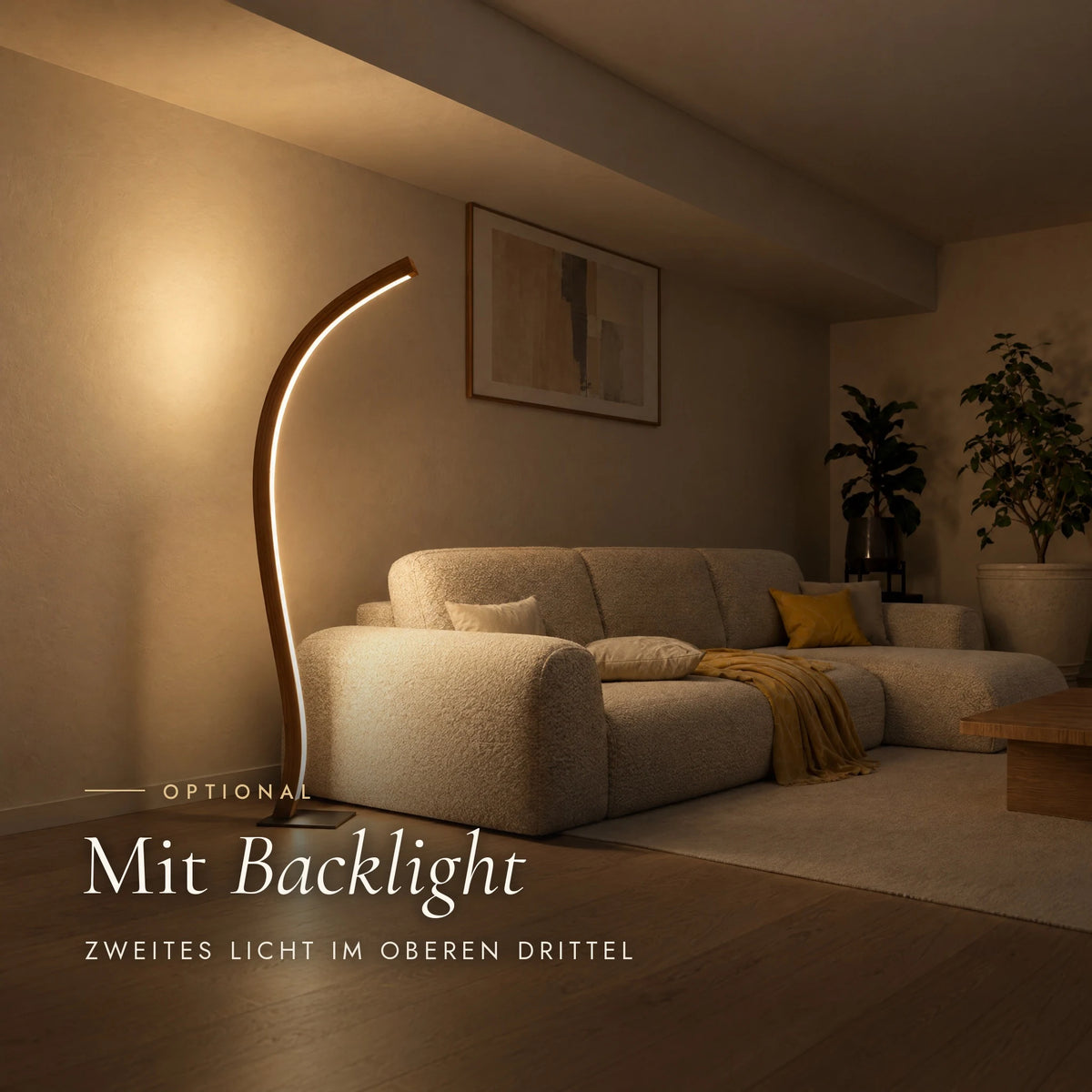 Fulgor floor lamp with optional backlight, additional light on the wall behind the lamp