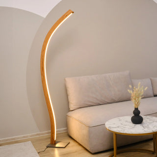 Einzigartige Stehlampe aus echtem Holz, dimmbar per Fernbedienung für stimmungsvolle Beleuchtung.