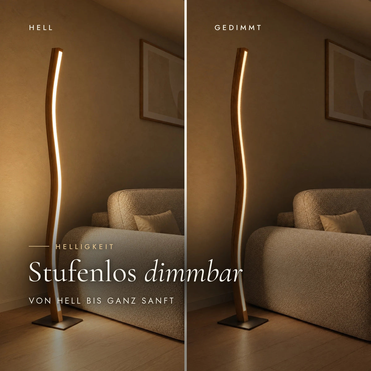 Nivara floor lamp, continuously dimmable, bright and dimmed compared