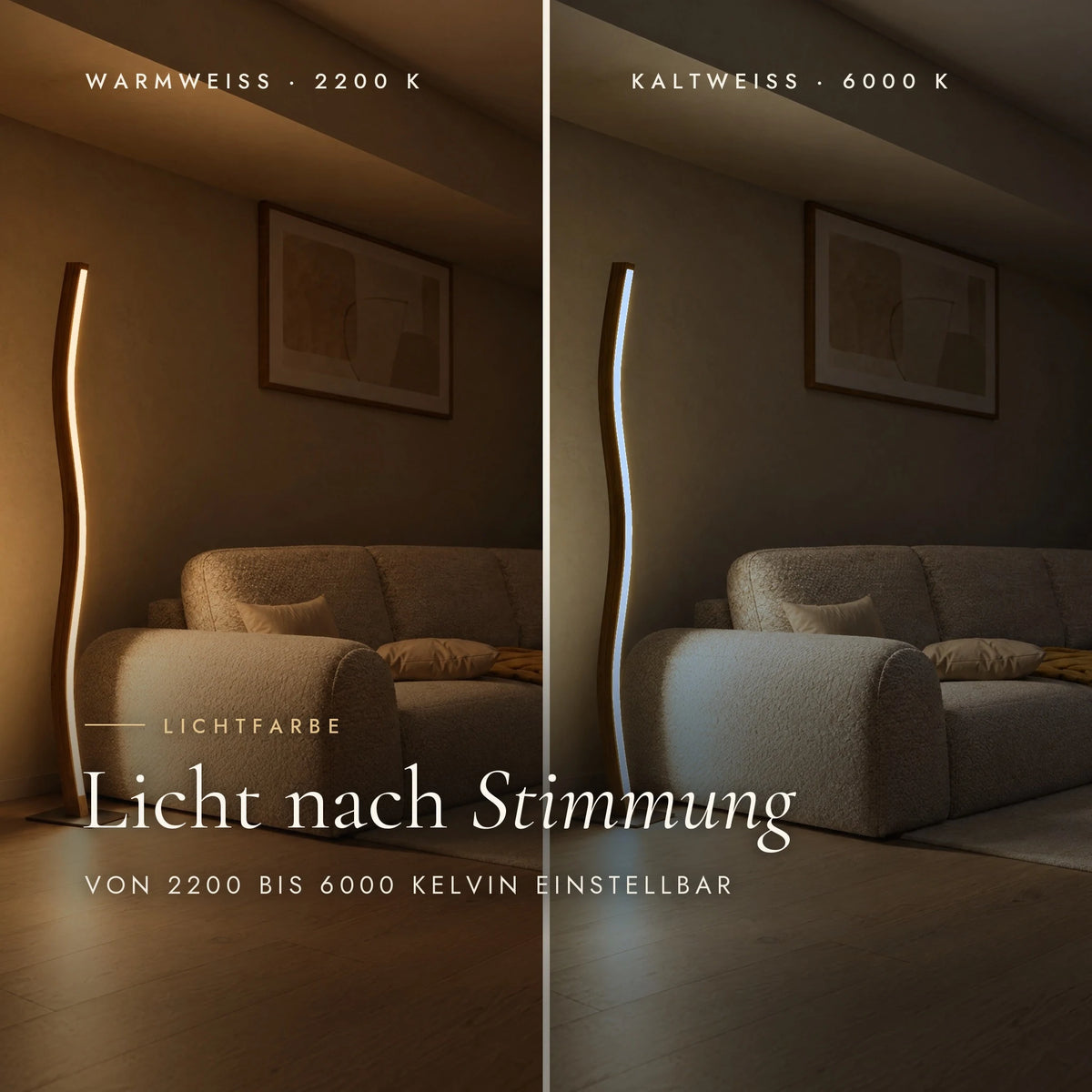 Nivara floor lamp with adjustable colour temperature from 2200 to 6000 Kelvin, warm white and cool white