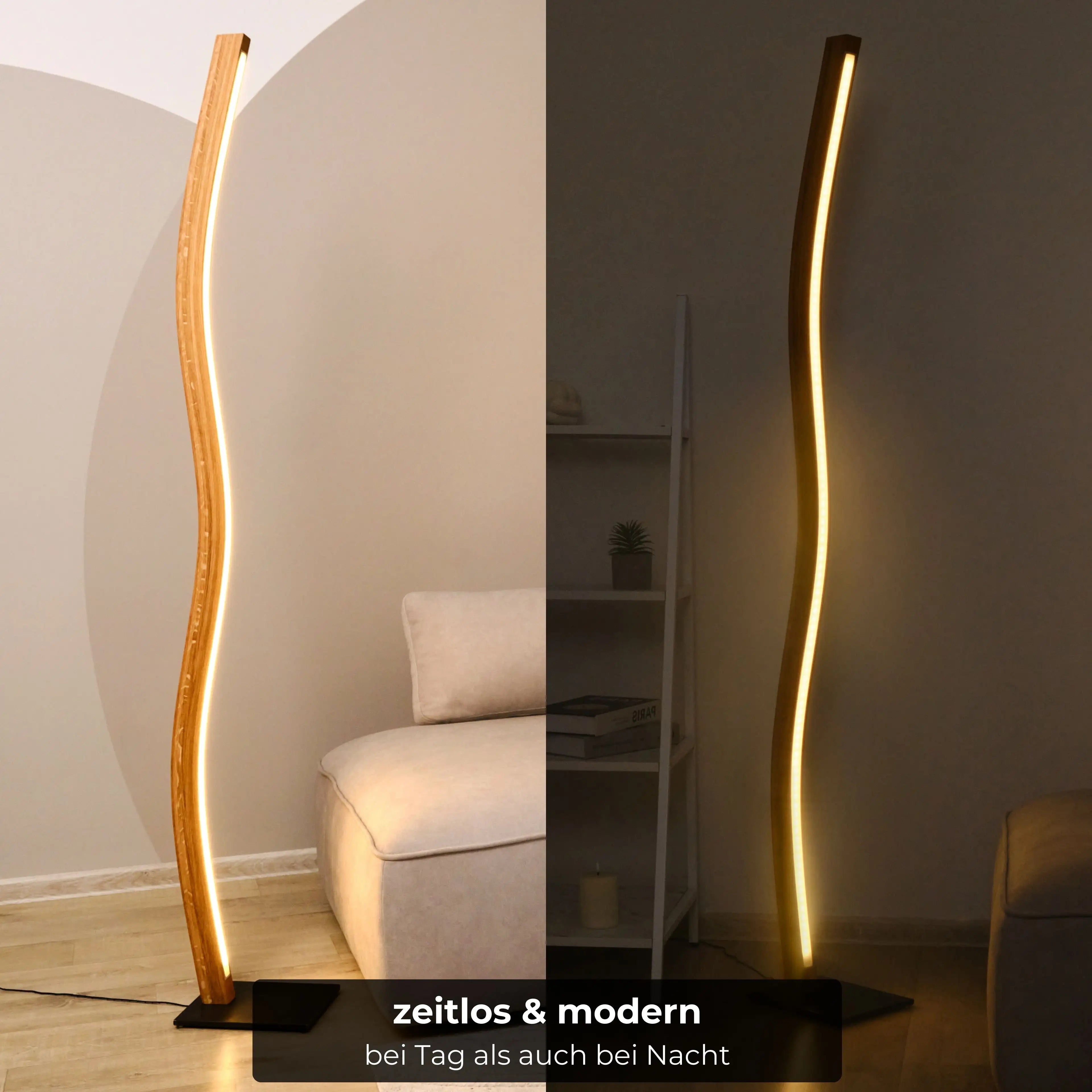 Organische Massivholz-Lampe mit einzigartiger Form und dimmbarer Beleuchtung.
