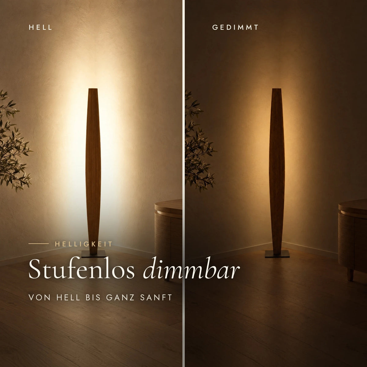 Stella floor lamp, continuously dimmable, bright and dimmed compared