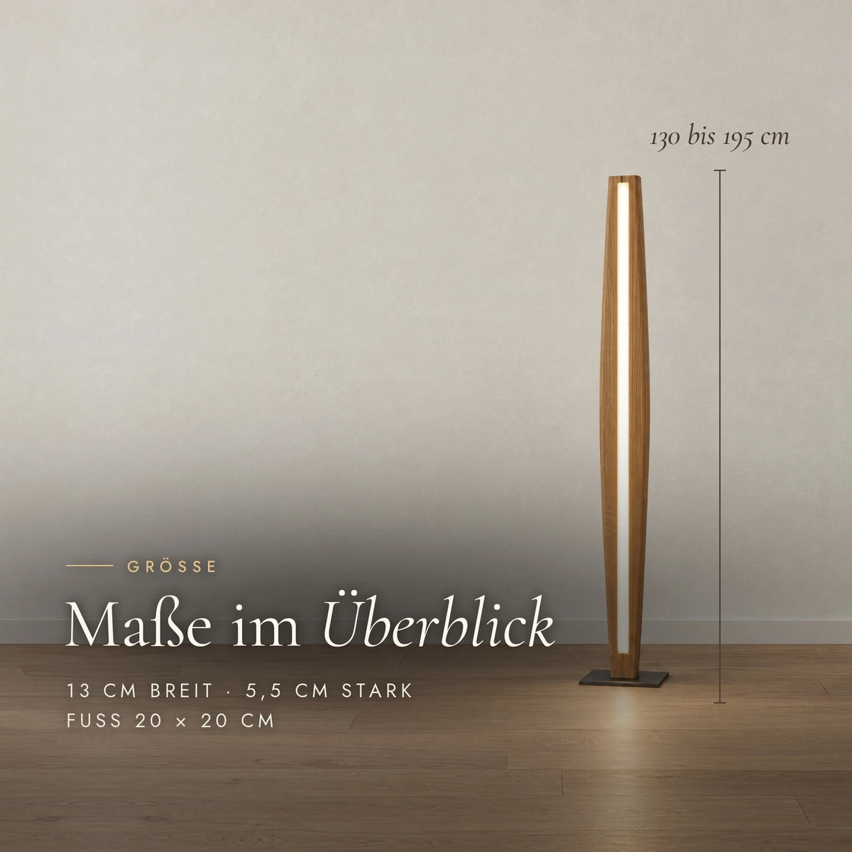 Dimensions of the Stella floor lamp: height 130 to 195 cm, 13 cm wide, 5.5 cm thick, base 20 × 20 cm