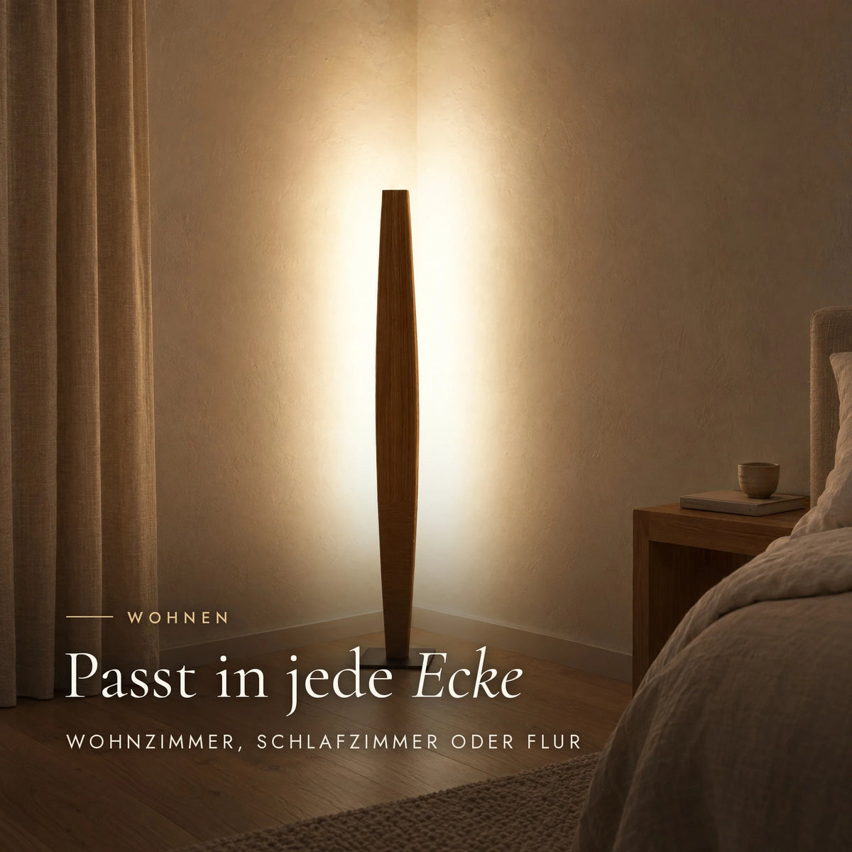 Stella floor lamp in the bedroom corner next to the bed