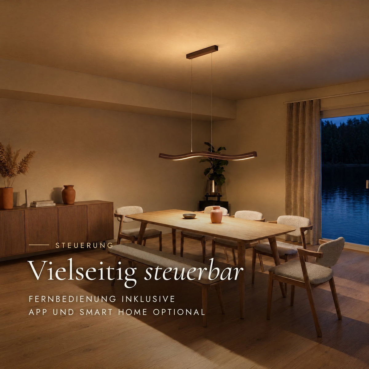 Fiona Meridian am Abend über dem Esstisch: Steuerung per Fernbedienung, optional per App und Smart Home