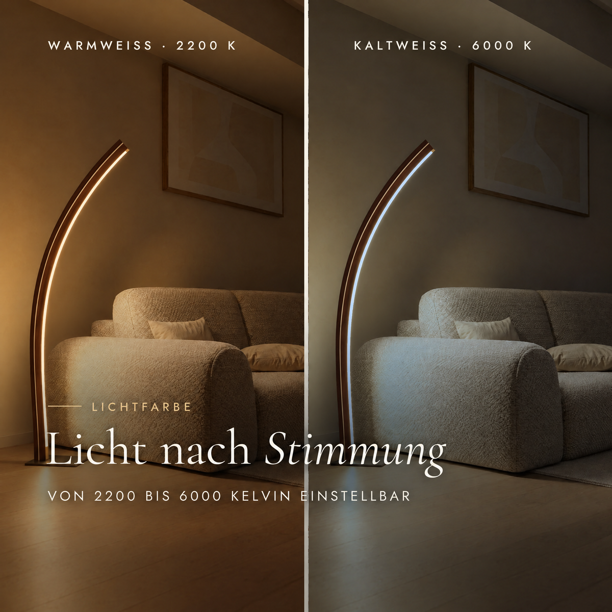 Solara Meridian mit einstellbarer Lichtfarbe: Vergleich Warmweiß 2200 Kelvin und Kaltweiß 6000 Kelvin