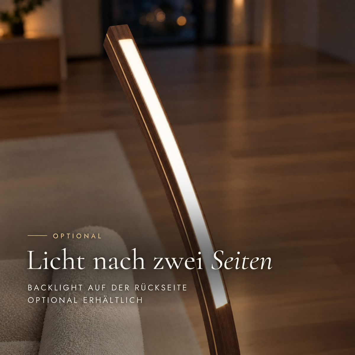 Solara Meridian, optionales Backlight auf der Rückseite in der Nahaufnahme, Walnuss mit Ahornlinie