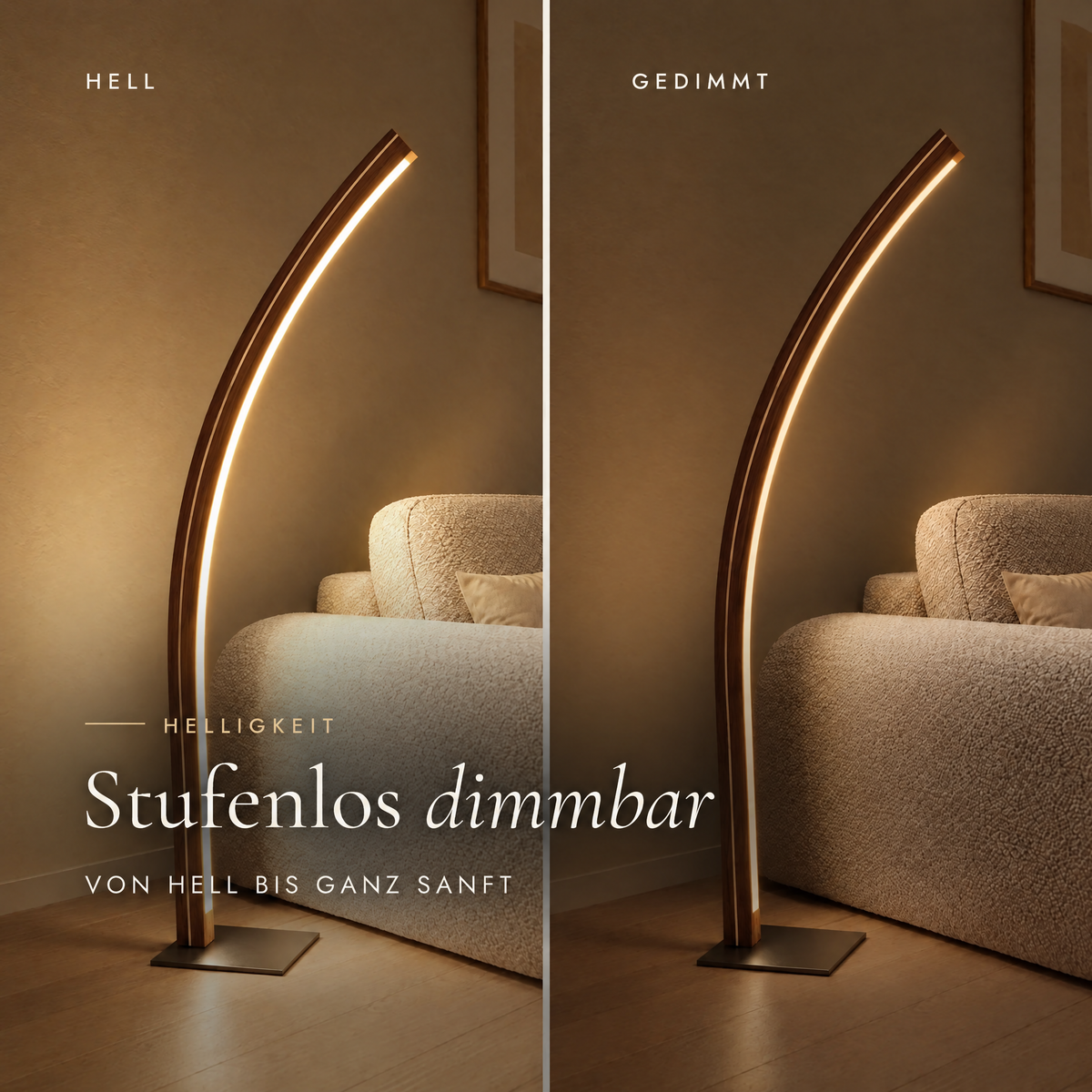 Solara Meridian stufenlos dimmbar: Vergleich hell und gedimmt im Wohnzimmer