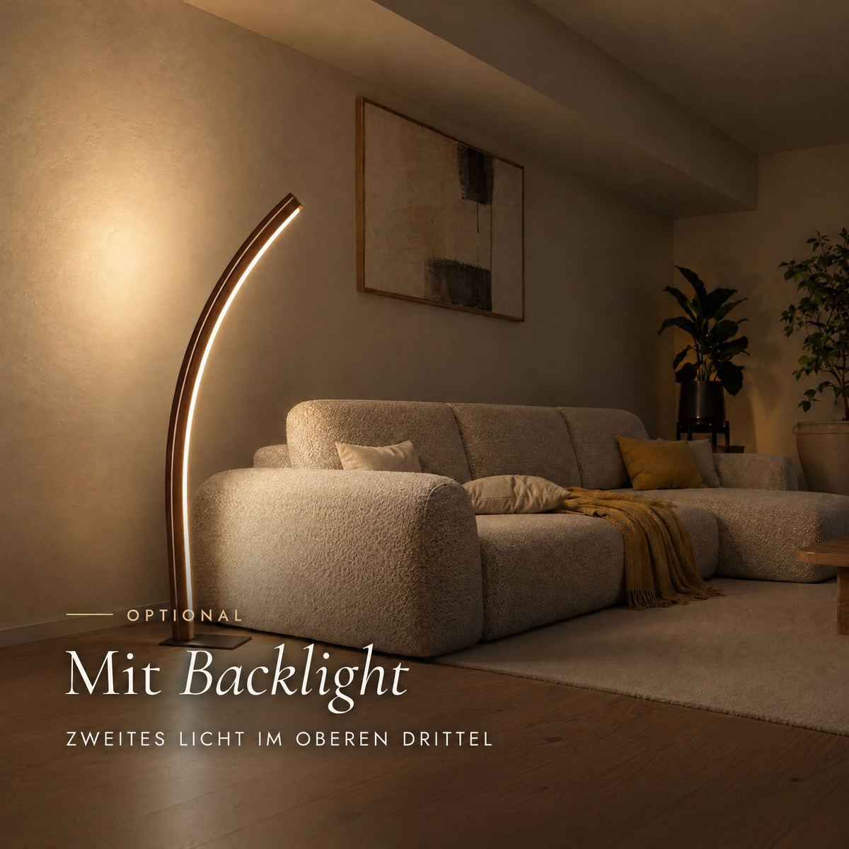 Solara Meridian mit optionalem Backlight, zusätzliches Licht an der Wand hinter der Leuchte