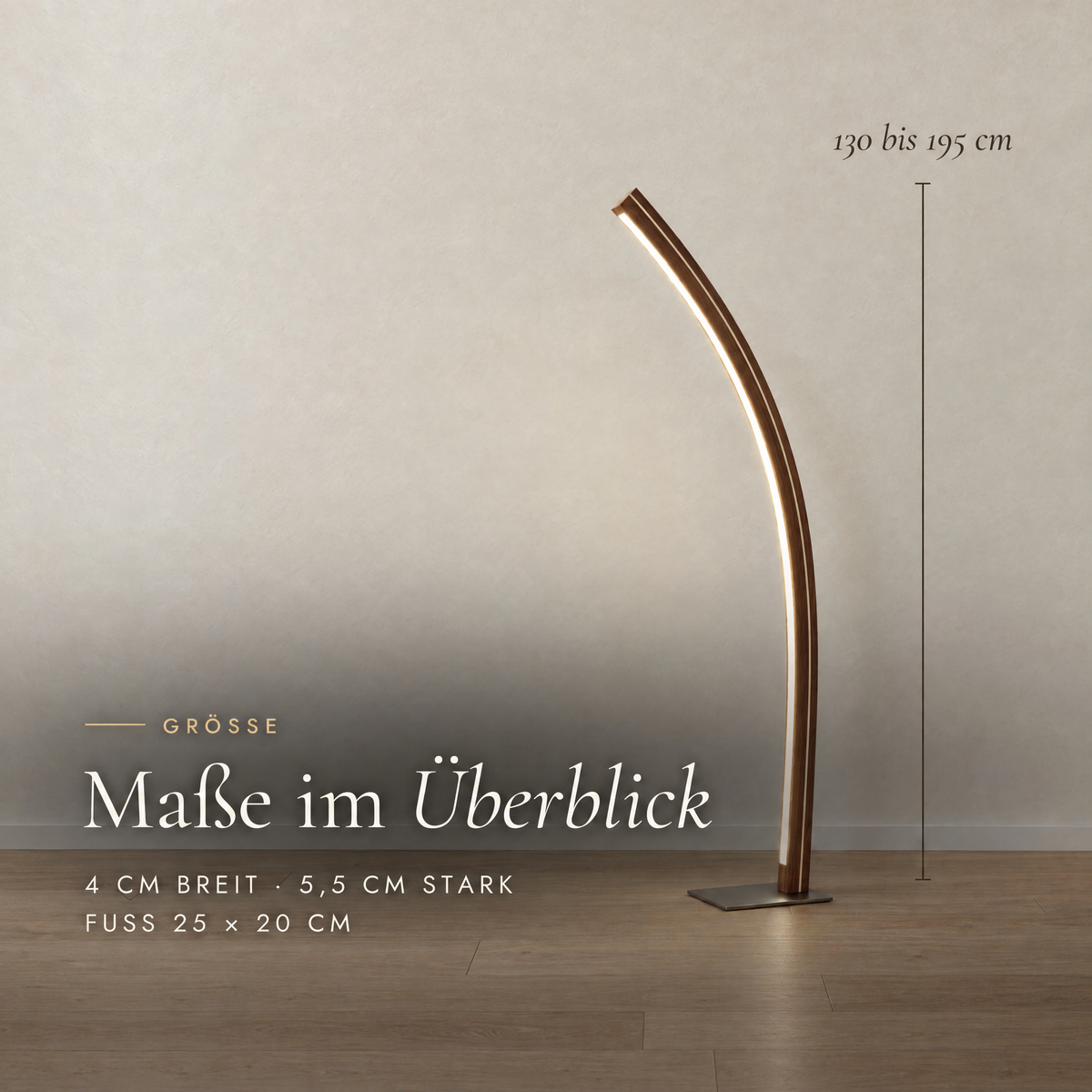 Maße der Solara Meridian: 130 bis 195 cm hoch, 4 cm breit, 5,5 cm stark, Fuß 25 × 20 cm