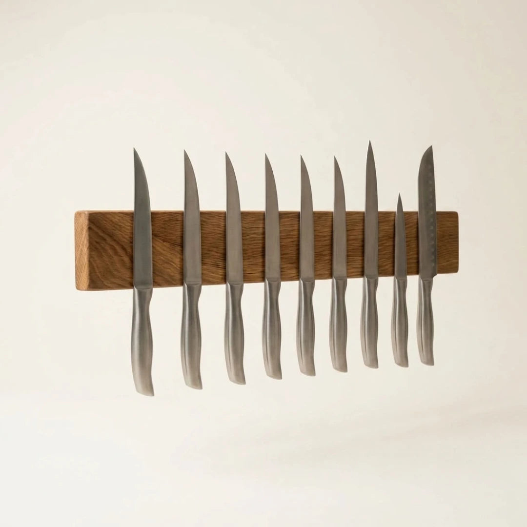 Magnetischer Messerhalter aus massivem Holz an heller Wand einer skandinavischen Küche