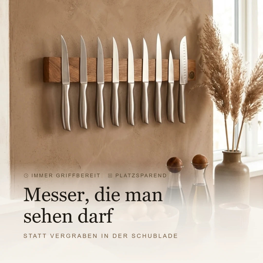Messerhalter aus Holz in skandinavischer Küche, Messer platzsparend sichtbar statt in der Schublade
