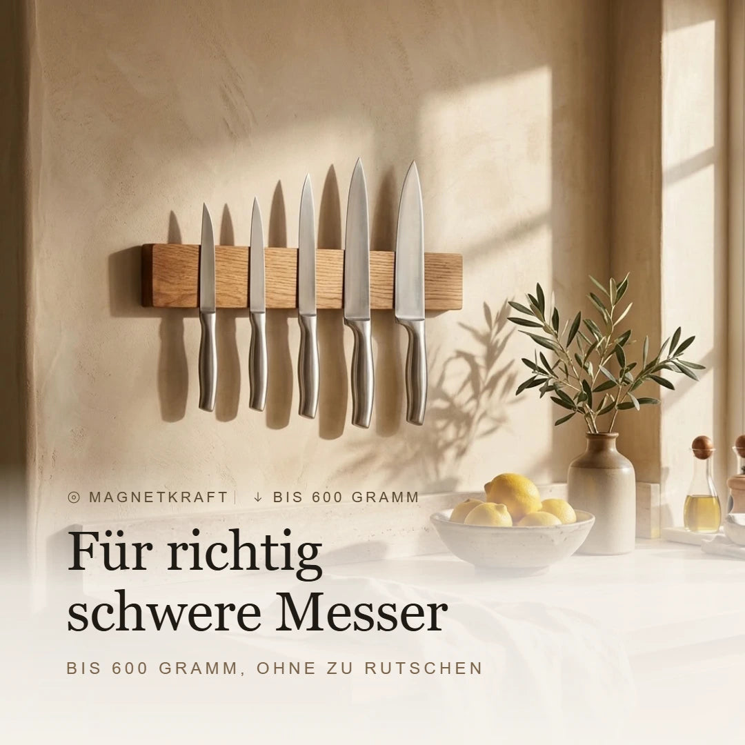 Magnetischer Messerhalter aus massivem Holz an heller Küchenwand, hält Messer bis 600 Gramm