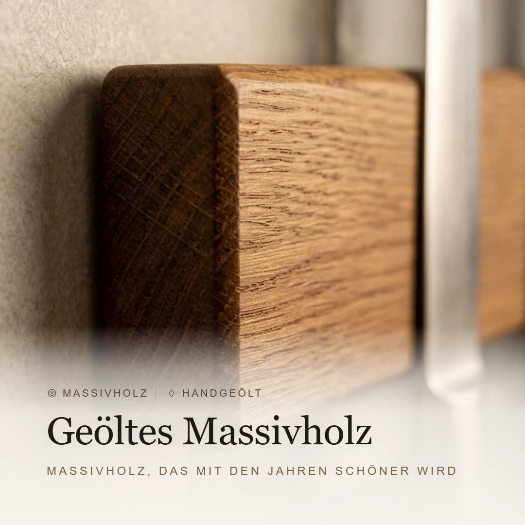 Nahaufnahme der handgeölten Massivholz-Oberfläche eines Messerhalters, matt und nicht lackiert