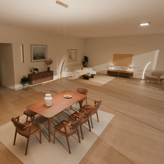 Virtueller 3D-Showroom von SpeicherArt: Essbereich mit Pendelleuchte Tara, dahinter Wohnbereich mit Stehleuchte Solara