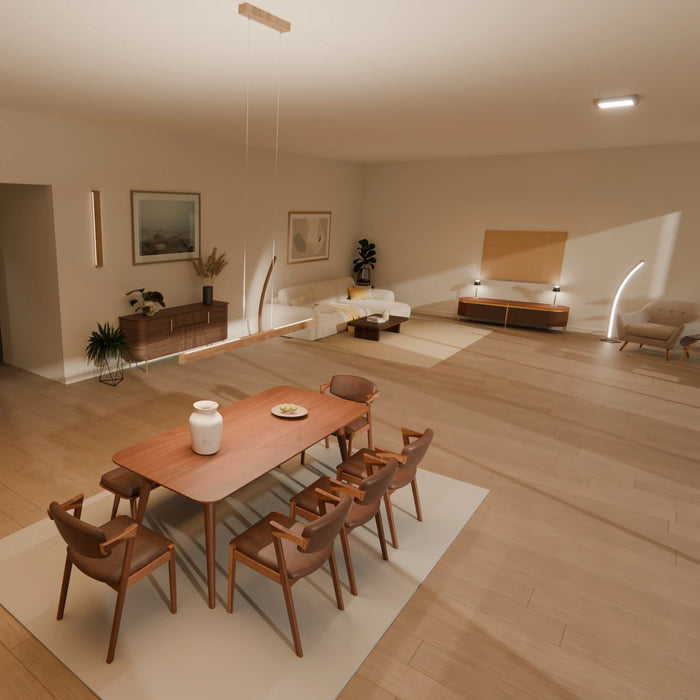 Virtueller 3D-Showroom von SpeicherArt: Essbereich mit Pendelleuchte Tara, dahinter Wohnbereich mit Stehleuchte Solara