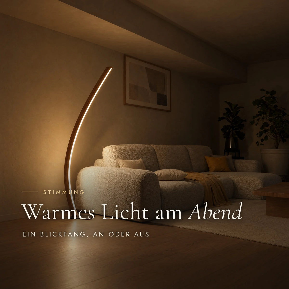 Candor floor lamp in the evening: warm light from the wooden arc next to the sofa