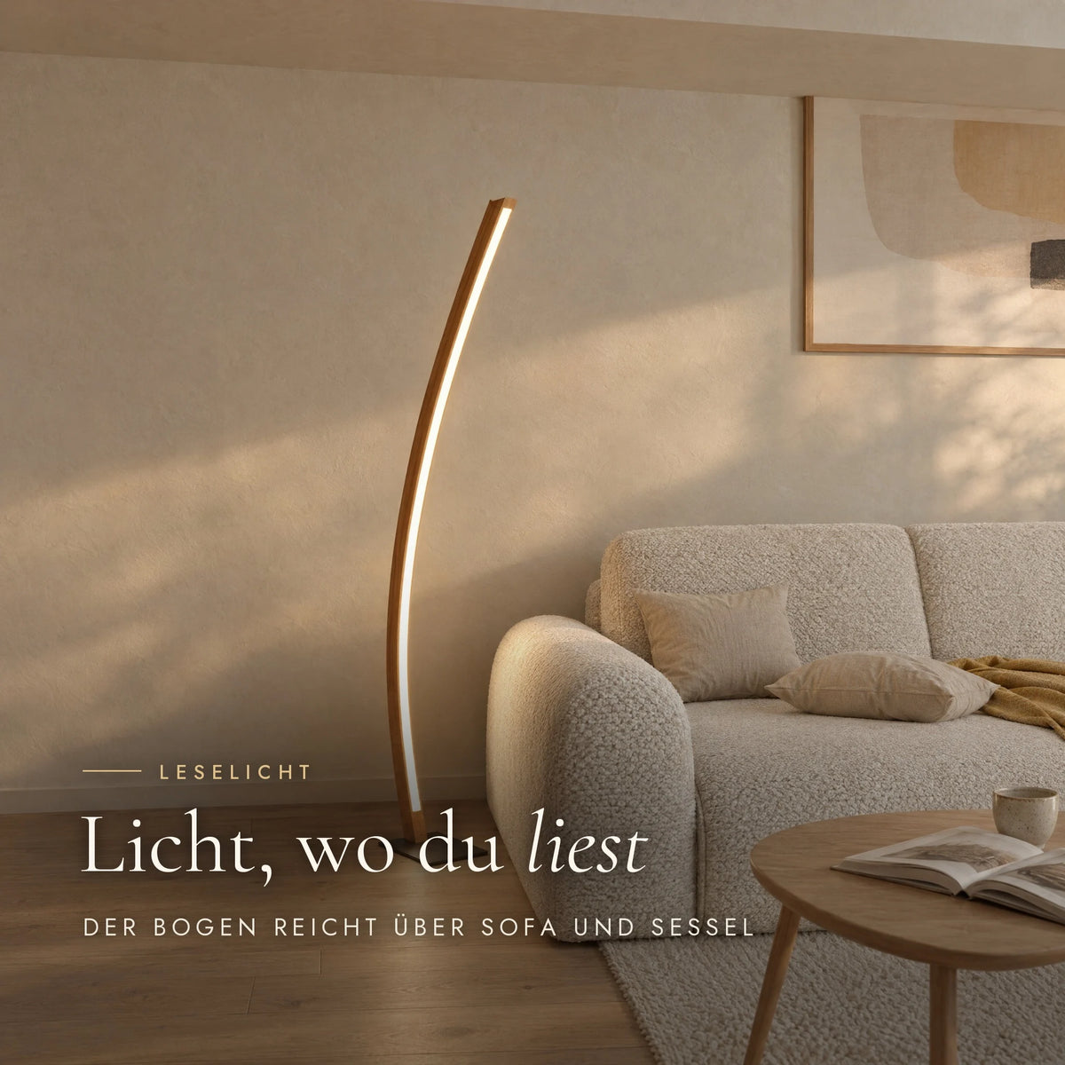 Candor floor lamp as a reading light: the arc reaches over the sofa, with a side table and a book