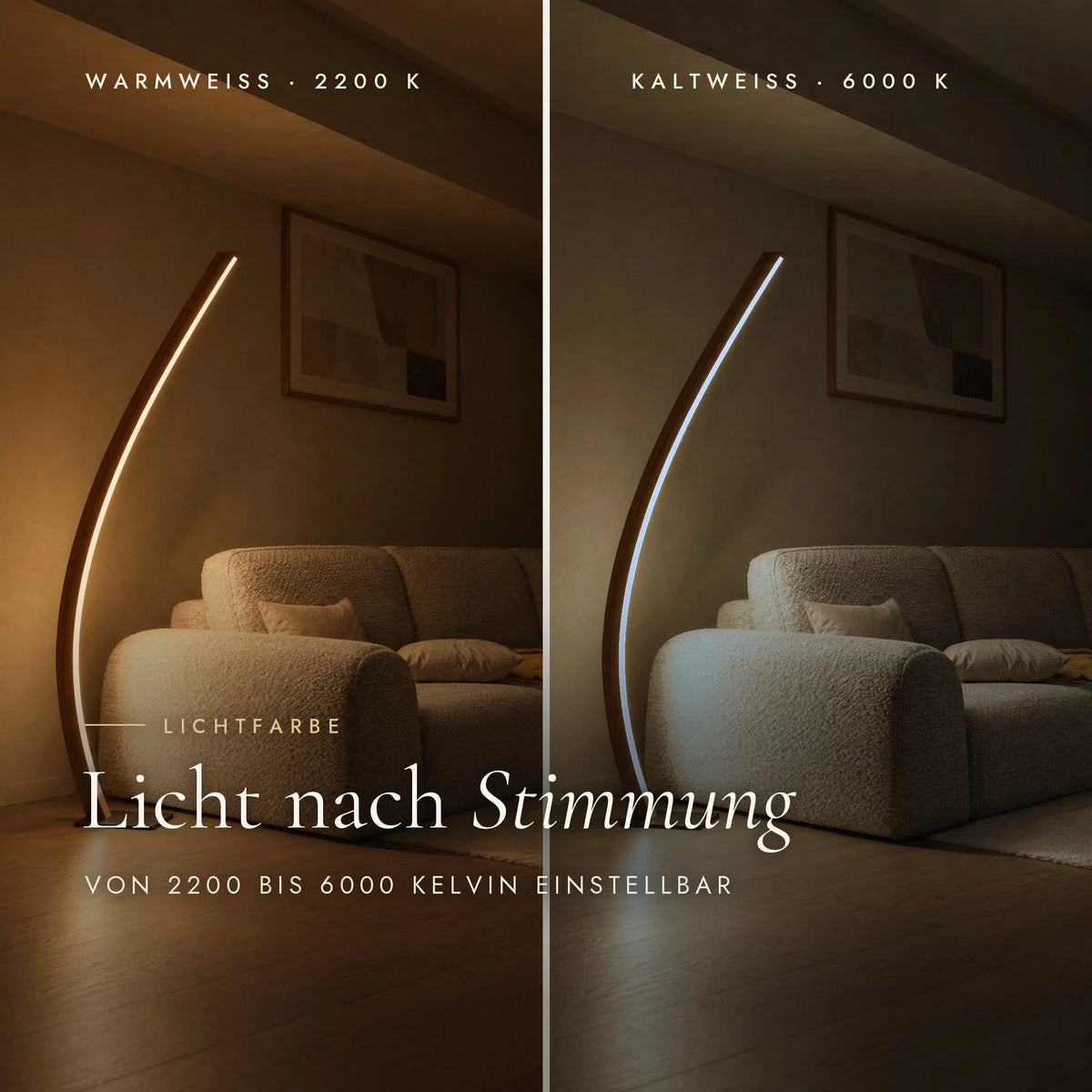 Candor floor lamp with adjustable colour temperature: warm white 2200 Kelvin and cool white 6000 Kelvin compared