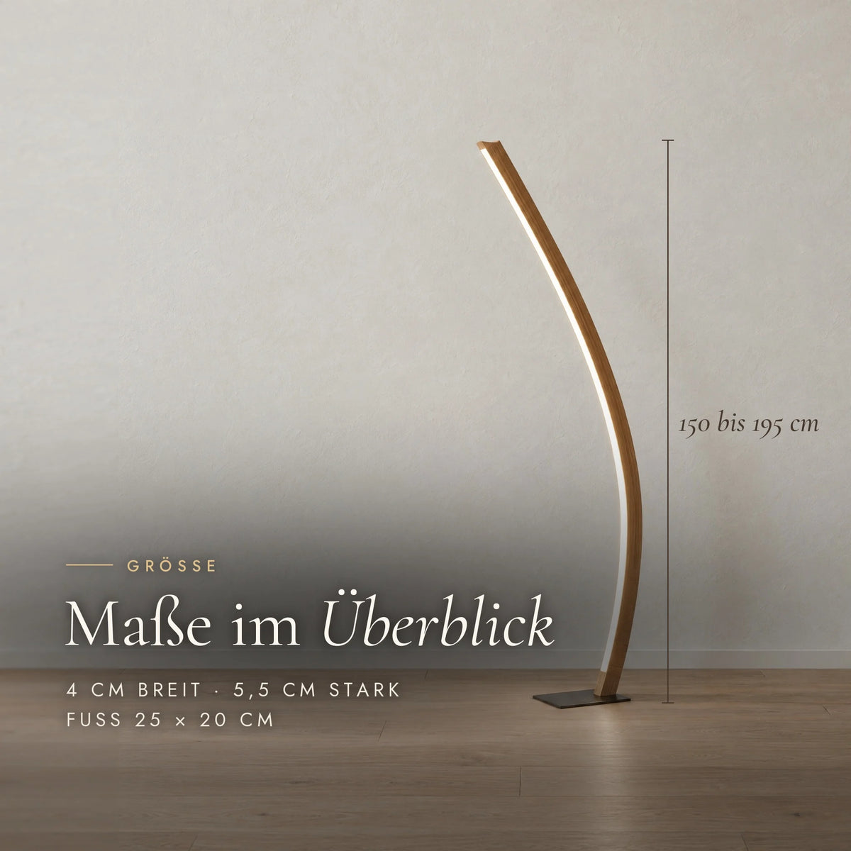 Dimensions of the Candor floor lamp: 150 to 195 cm high, 4 cm wide, 5.5 cm thick, base 25 × 20 cm