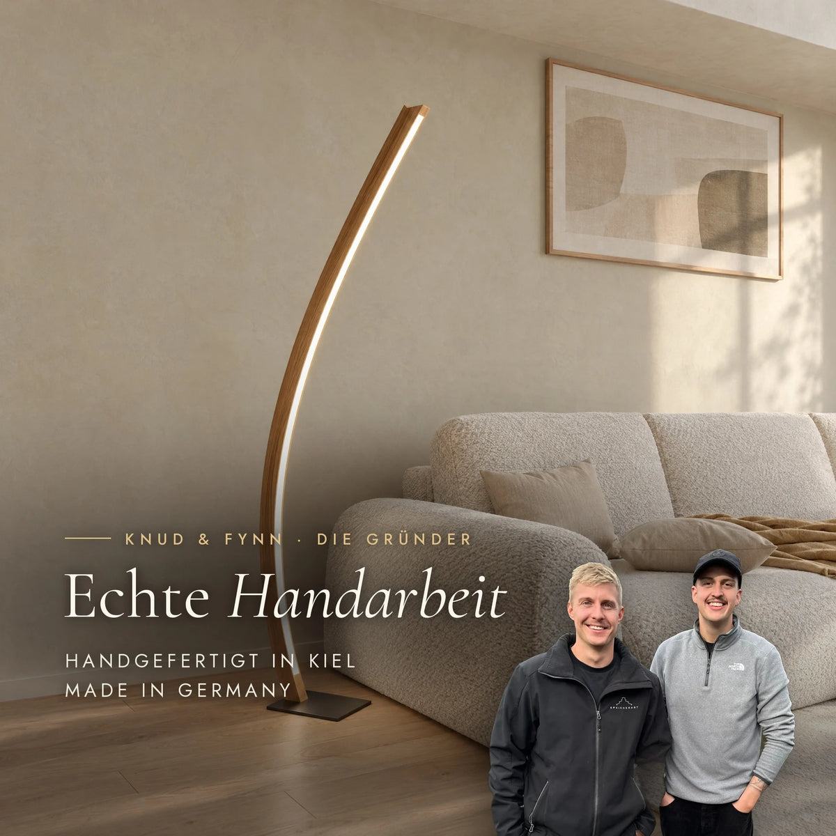 Knud and Fynn, the founders of SpeicherArt, next to the Candor floor lamp: genuine craftsmanship, handmade in Kiel