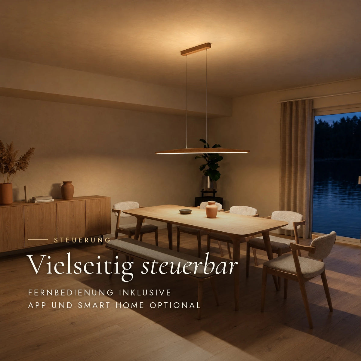 Elia pendant light above the dining table in the evening: remote control, optional app and smart home control