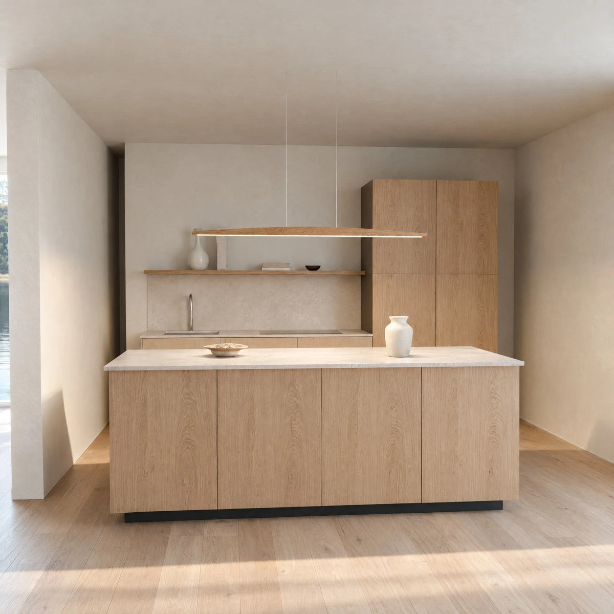 Elia oak pendant light above a kitchen island in a bright, modern kitchen