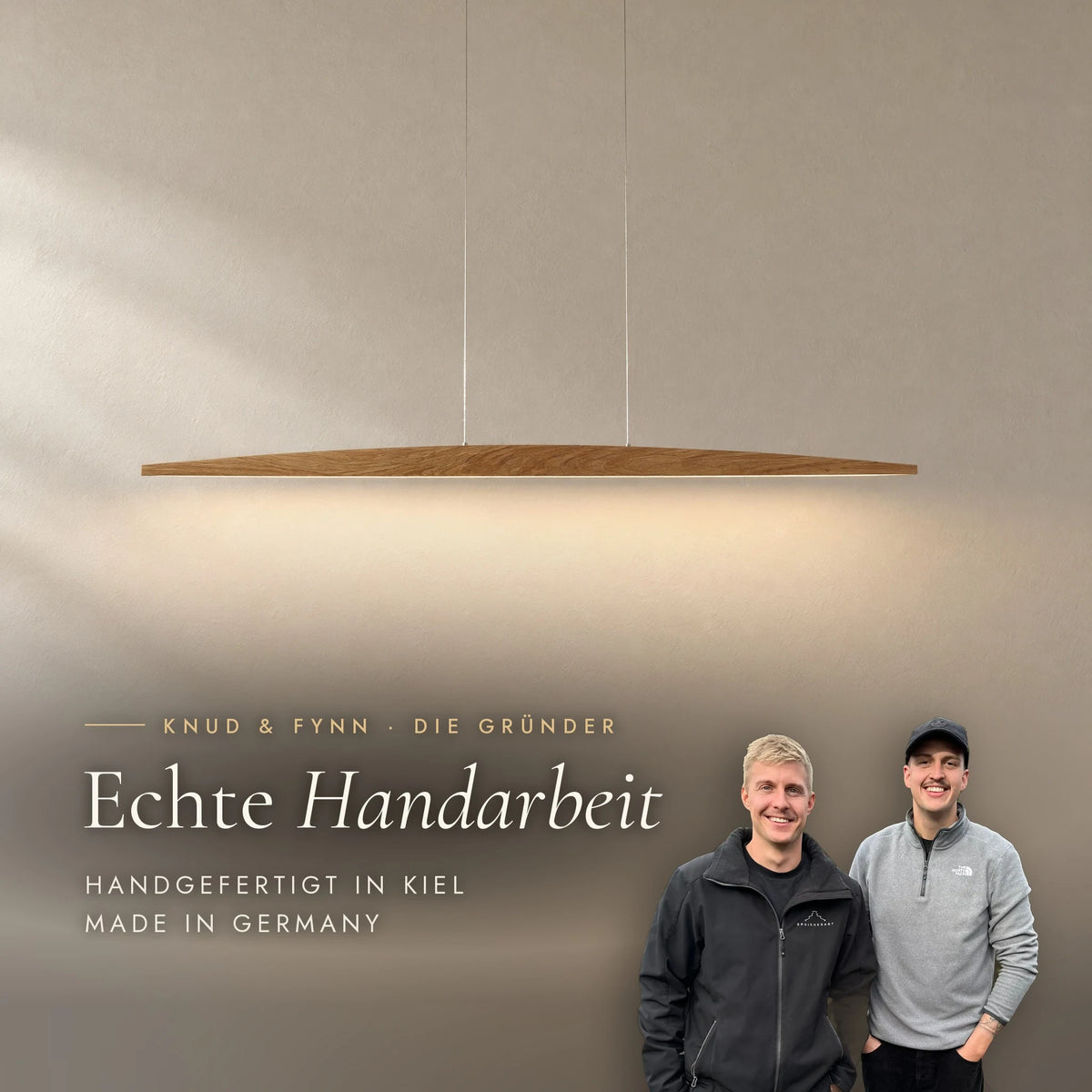 SpeicherArt founders Knud and Fynn with the Elia pendant light: genuine craftsmanship, handmade in Kiel