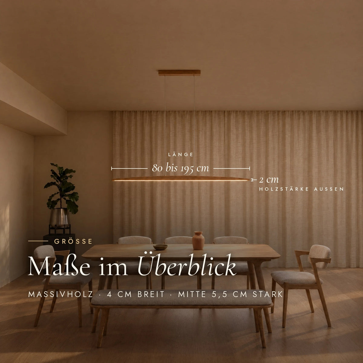 Dimensions of the Elia pendant light: length 80 to 195 cm, width 4 cm, wood thickness 5.5 cm in the centre and 2 cm at the ends, shown above a dining table