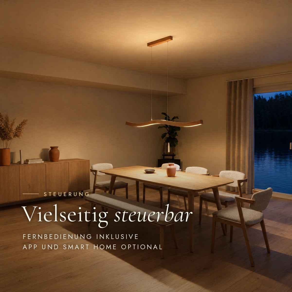 Pendelleuchte Fiona am Abend über dem Esstisch: Steuerung per Fernbedienung, optional per App und Smart Home