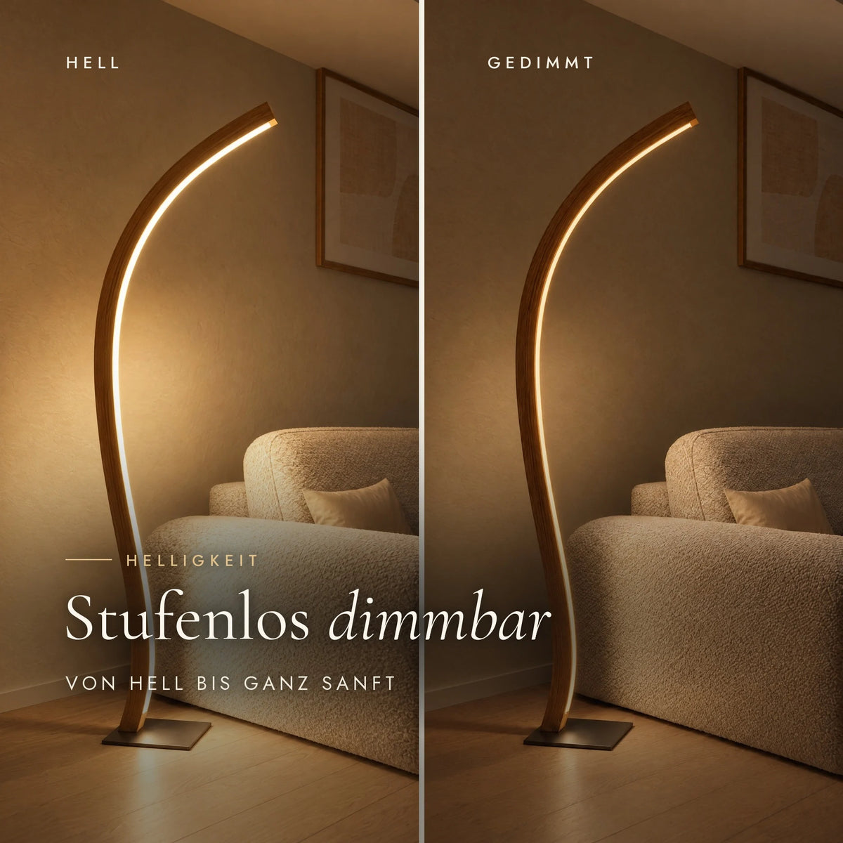 Fulgor floor lamp, continuously dimmable: bright and dimmed compared in the living room