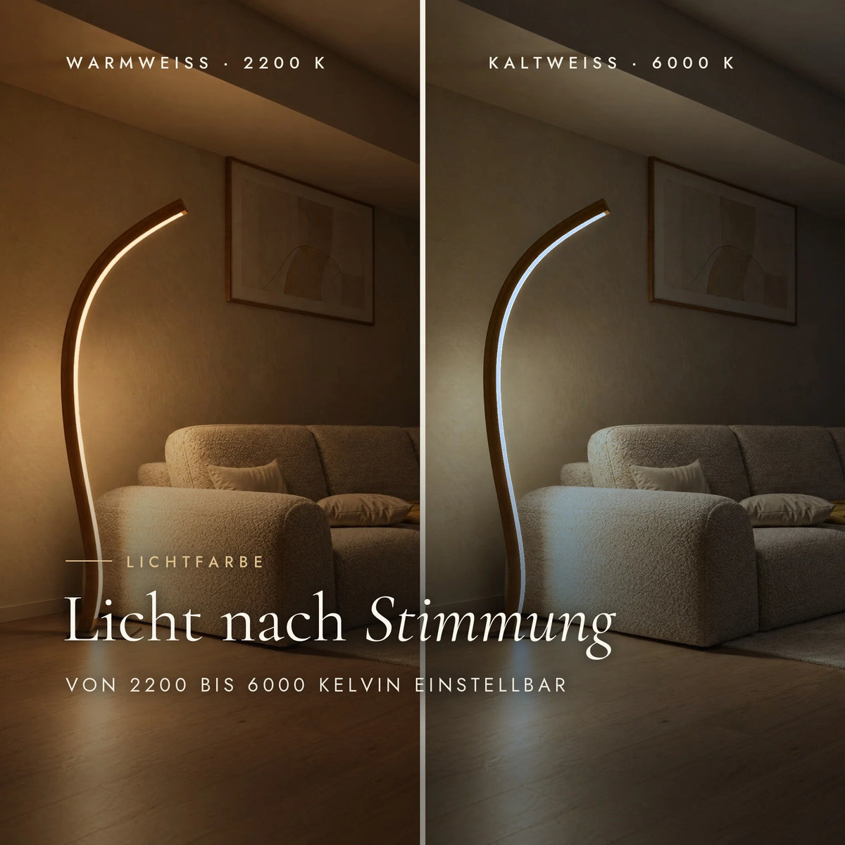 Fulgor floor lamp with adjustable colour temperature: warm white 2200 Kelvin and cool white 6000 Kelvin compared
