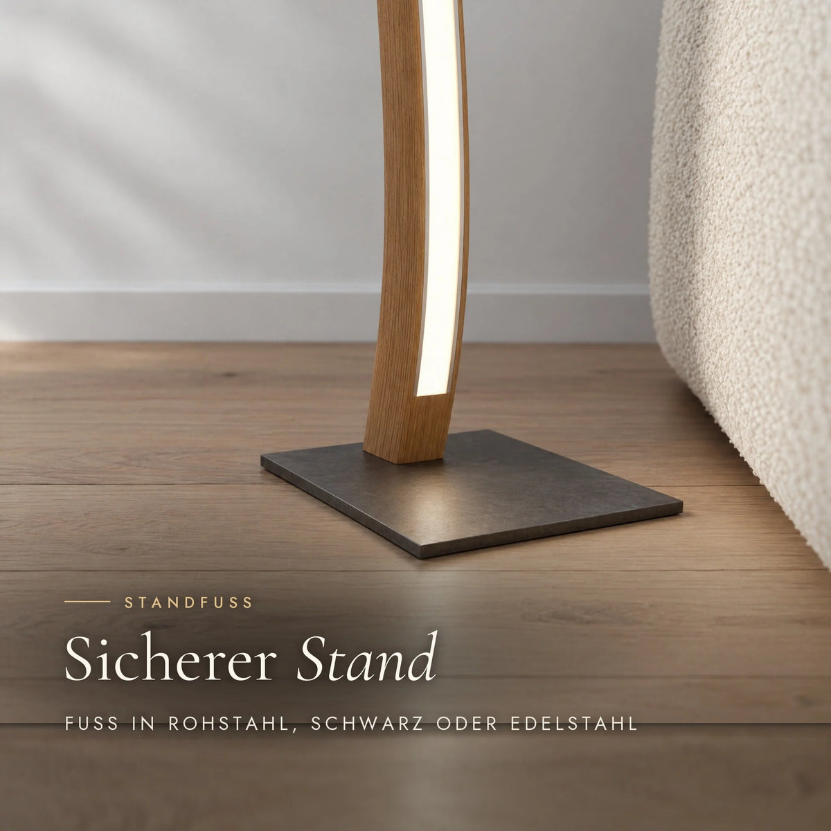 Base of the Fulgor floor lamp: steel plate for a secure stand, available in raw steel, black or stainless steel