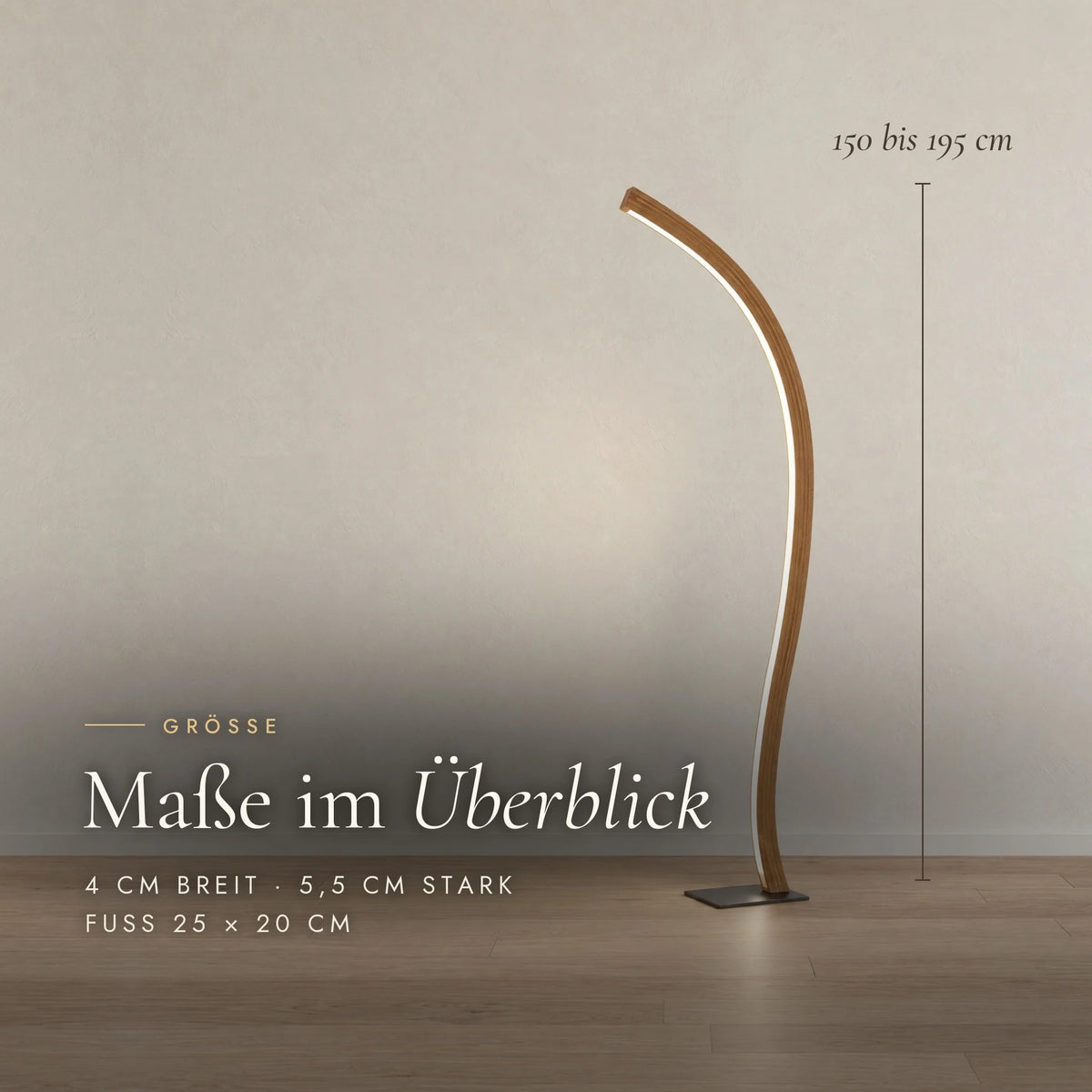 Dimensions of the Fulgor floor lamp: 150 to 195 cm high, 4 cm wide, 5.5 cm thick, base 25 × 20 cm