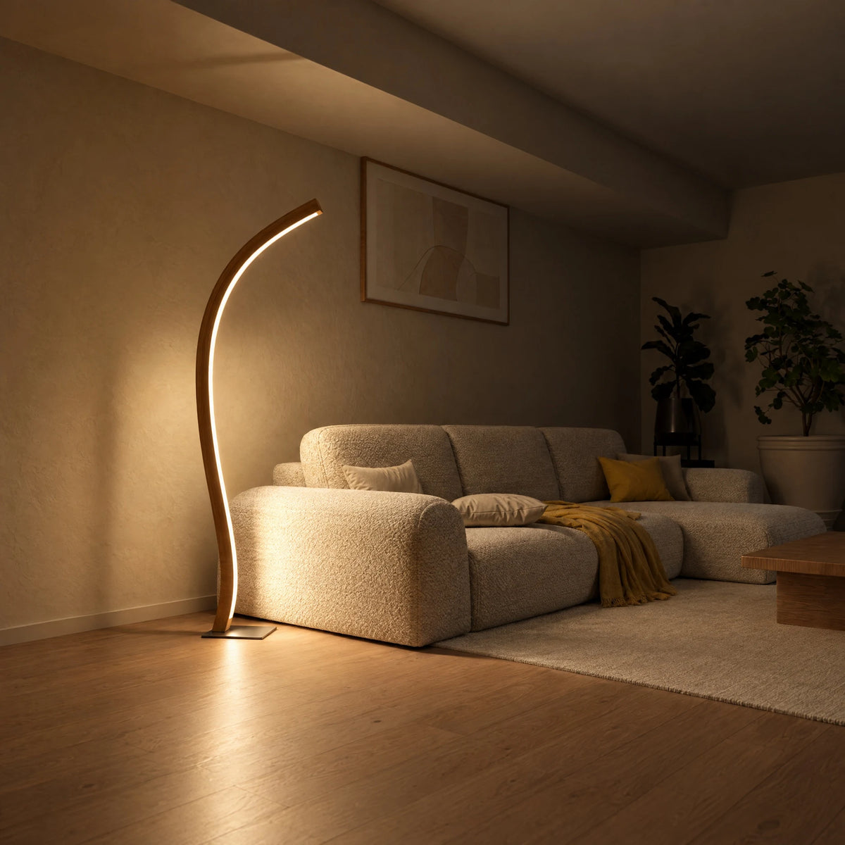 Fulgor solid oak floor lamp switched on in the evening next to a light sofa in the living room