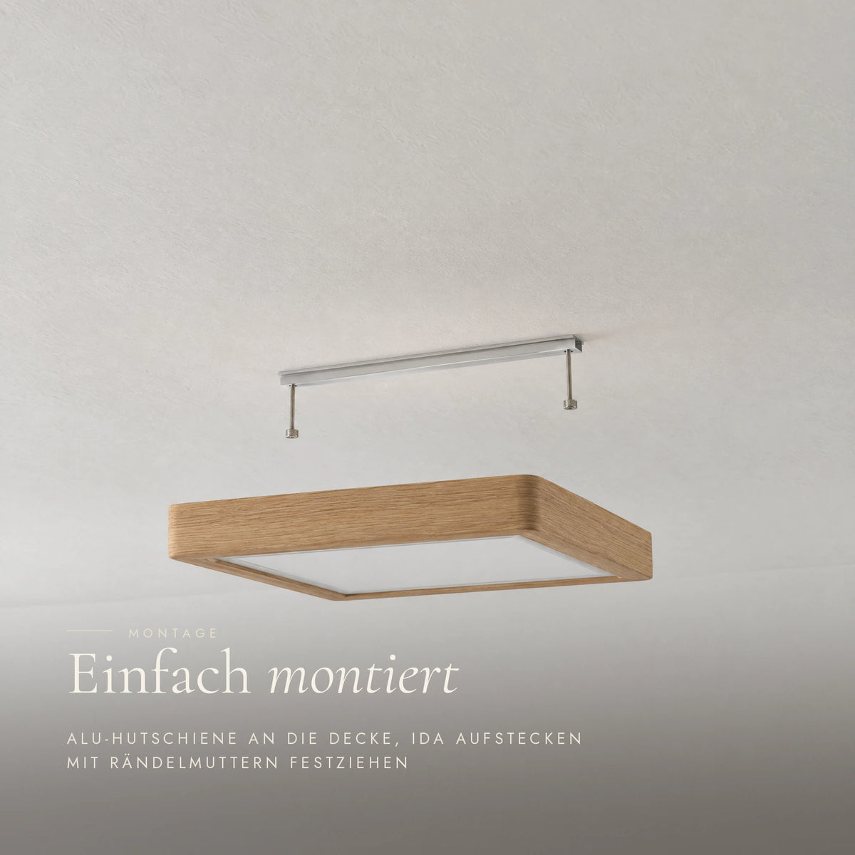 Montage der Ida Deckenleuchte: Alu-Hutschiene an der Decke, Befestigung mit Rändelmuttern