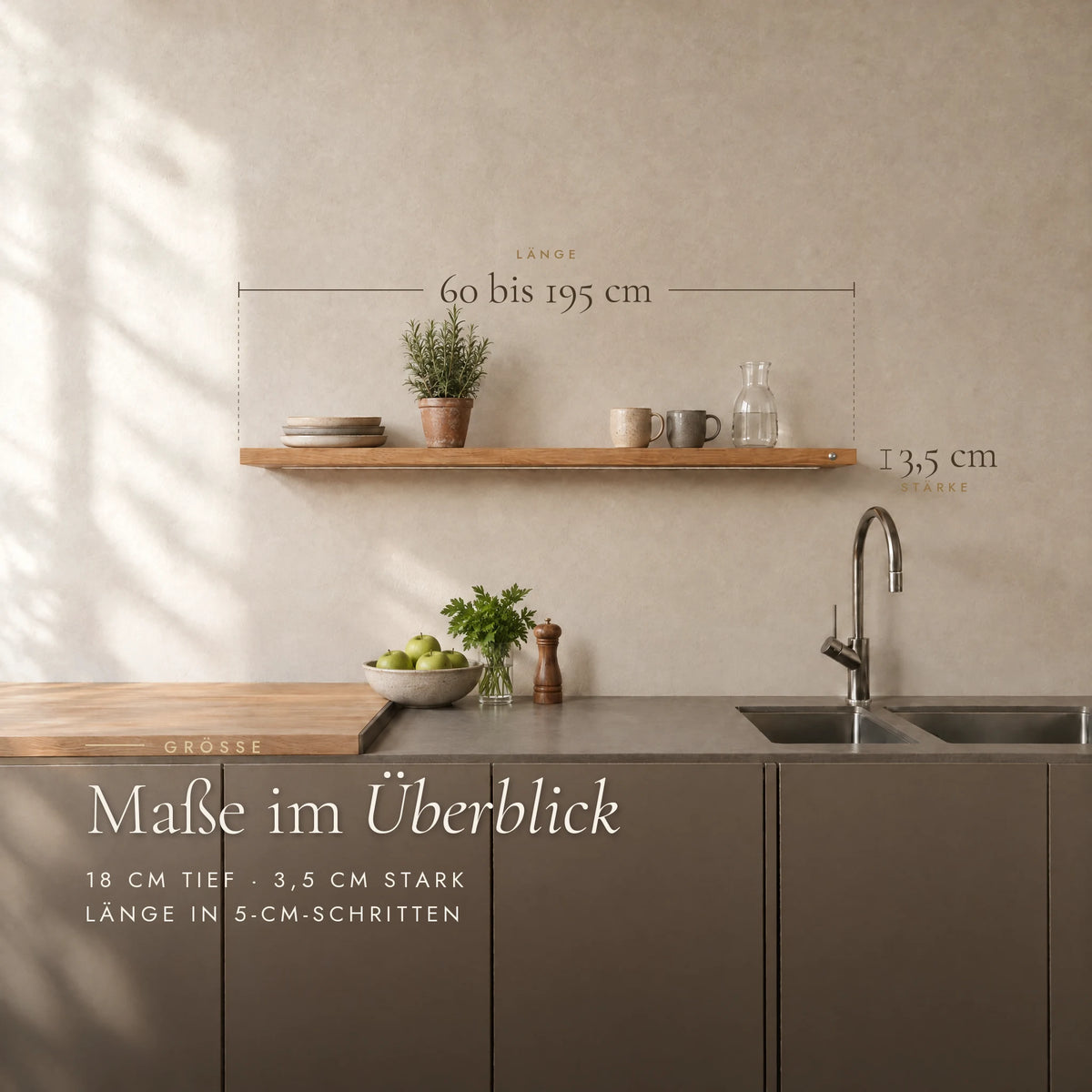 Maße des Levia Wandboards: 60 bis 195 cm lang, 18 cm tief, 3,5 cm stark