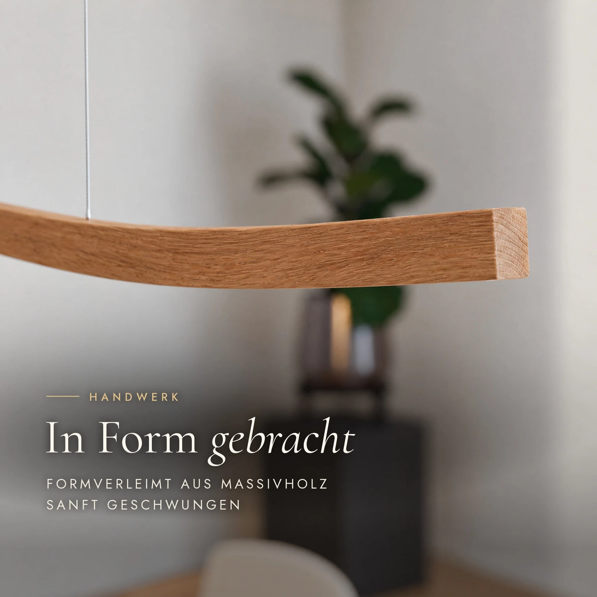 Close-up of the Lyra pendant light: bent-laminated solid wood, gently curved, with visible end grain