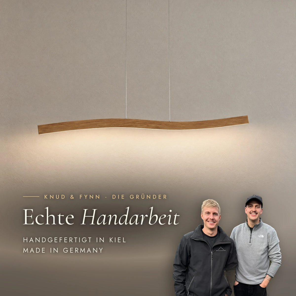 Knud and Fynn, the founders of SpeicherArt, with the Lyra pendant light: handmade in Kiel