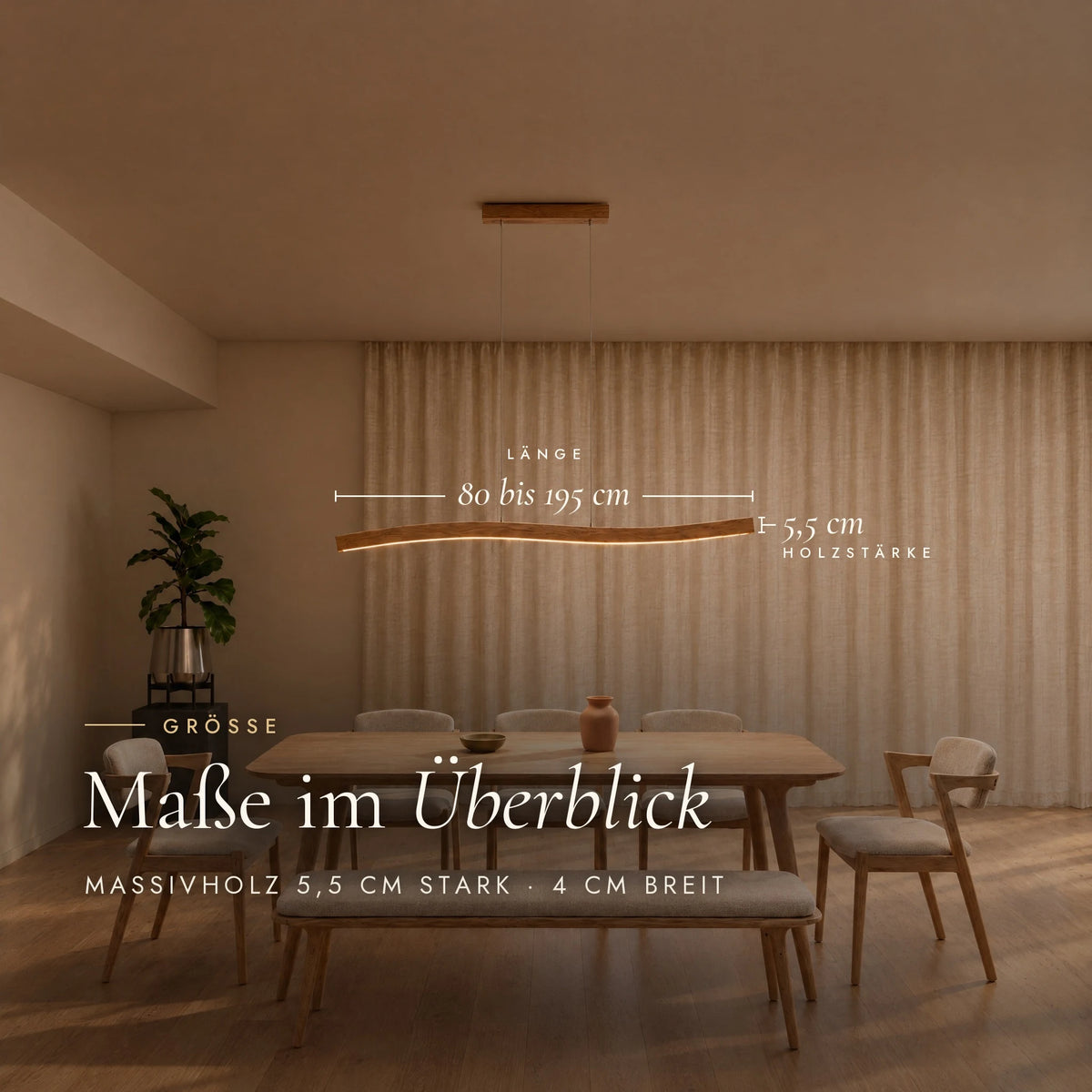 Dimensions of the Lyra pendant light: length 80 to 195 cm, wood thickness 5.5 cm, width 4 cm, shown above a dining table