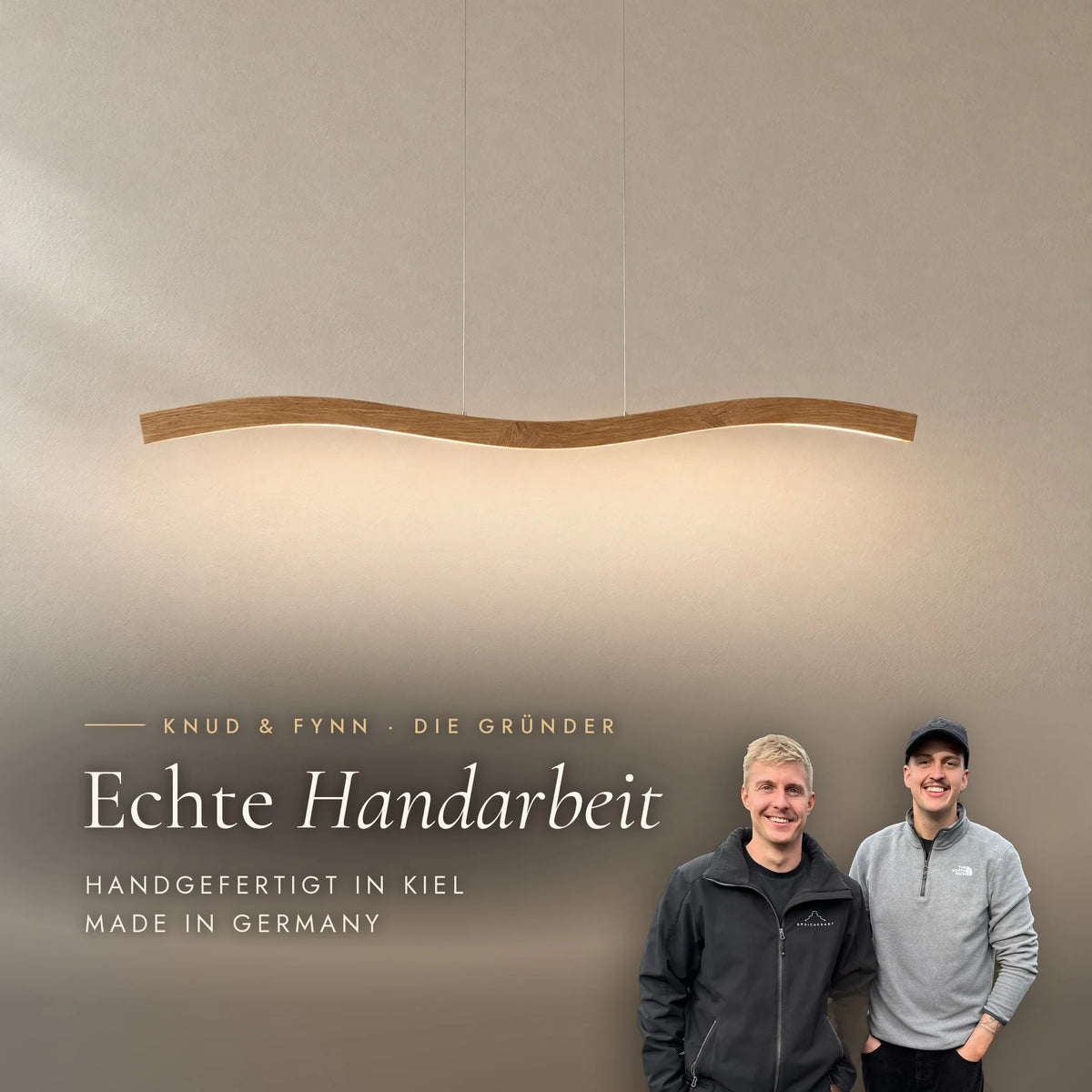 Knud and Fynn, the founders of SpeicherArt, with the Mila pendant light: handmade in Kiel