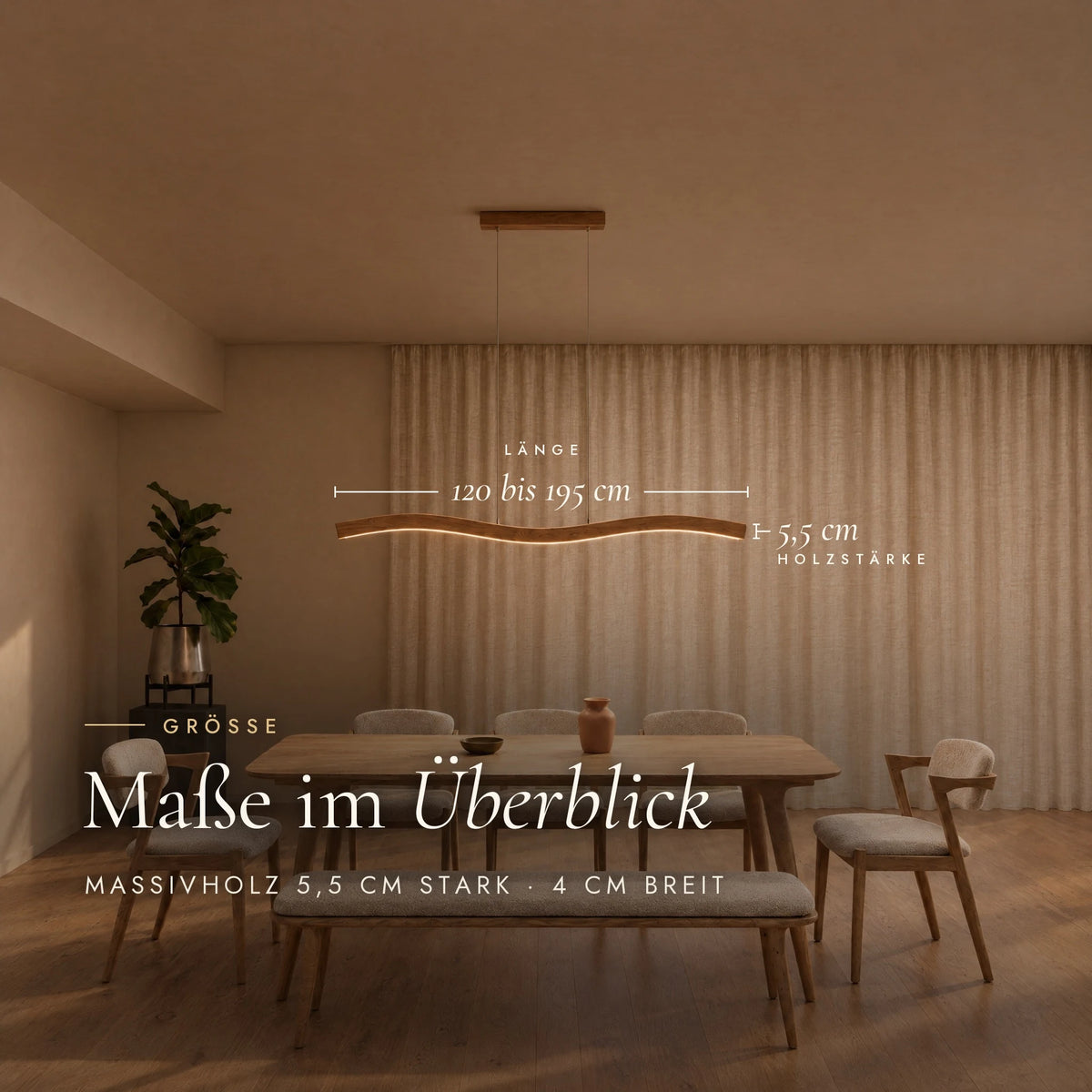 Dimensions of the Mila pendant light: length 120 to 195 cm, wood thickness 5.5 cm, width 4 cm, shown above a dining table