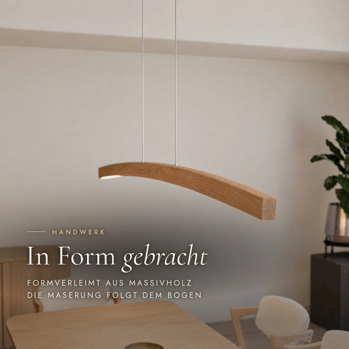Close-up of the curved wooden arc of the Novara pendant light: bent-laminated solid wood, the grain following the curve
