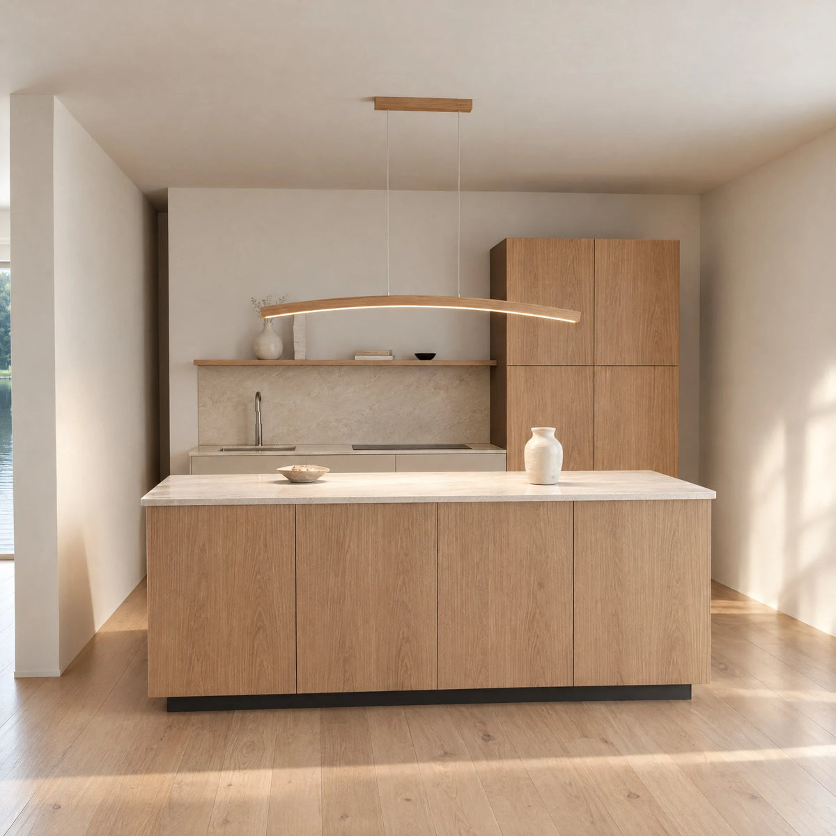 Novara oak pendant light above a kitchen island in a bright, modern kitchen